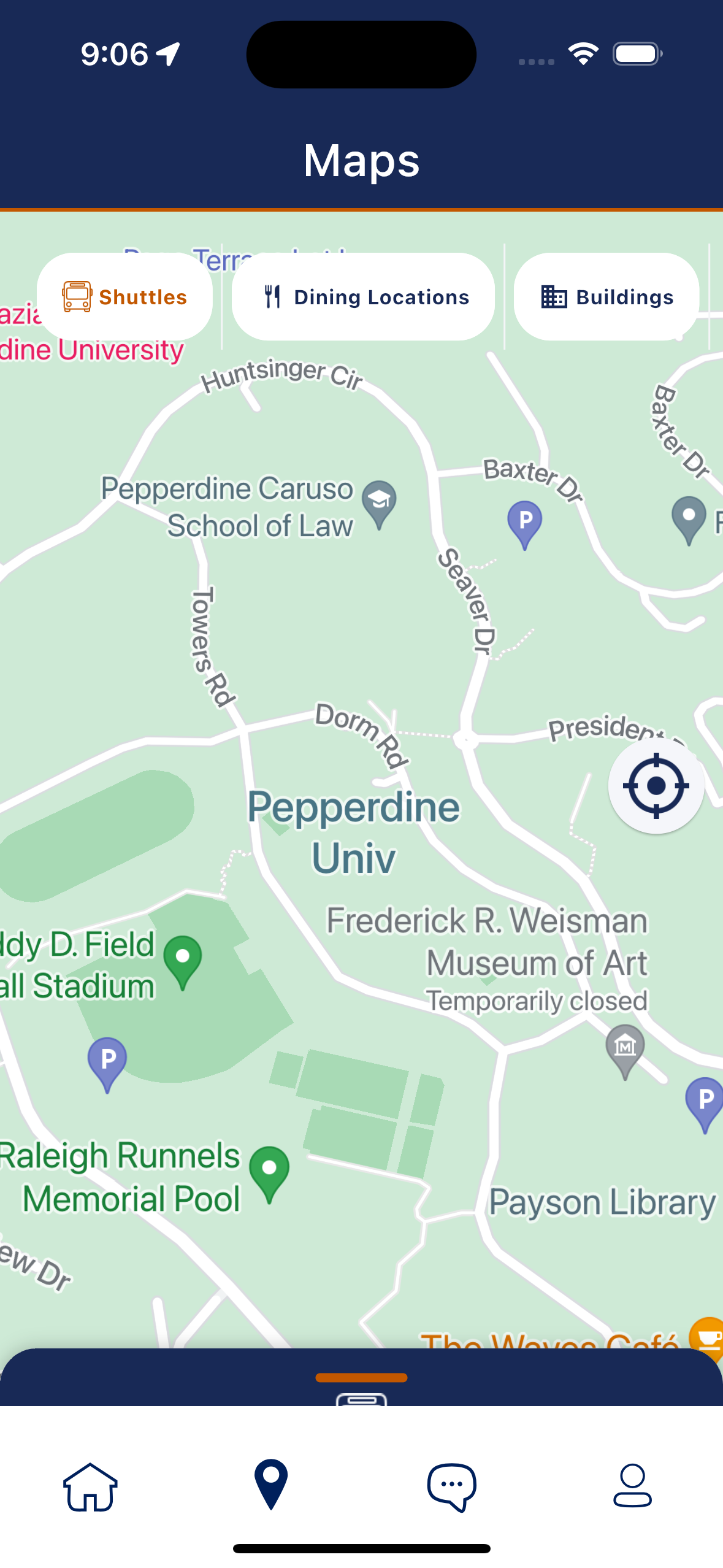 Pepperdine Mobile App Maps Screen