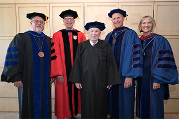 Provost and Chief Academic Officer of Pepperdine University, Jay Brewster, Duane and Kelly Roberts Dean of Pepperdine University Caruso School of Law, Paul Caron, Honoree David Wiener, President and Chief Executive Officer of Pepperdine University, Jim Gash, Chancellor of Pepperdine University, Sara Young Jackson.